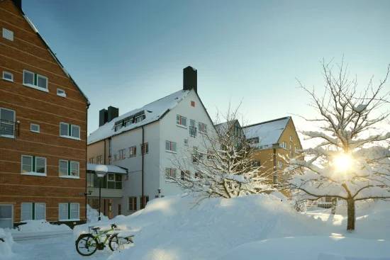 bild på en byggnad under vintern