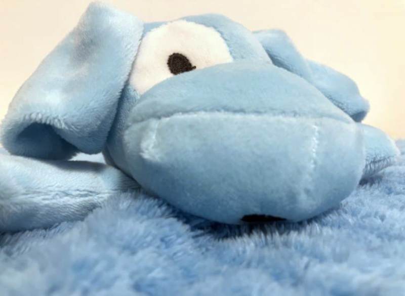 en ljusblå filt med en hund huvud