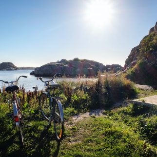 Två cyklar i gräset bredvid vattnet
