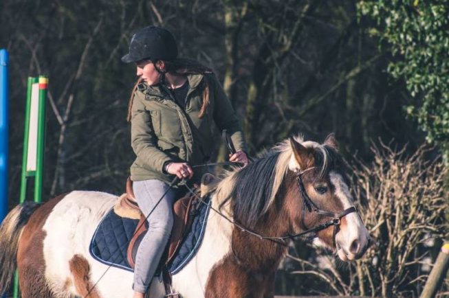 Tjej rider på en brun- och vitfläckig häst