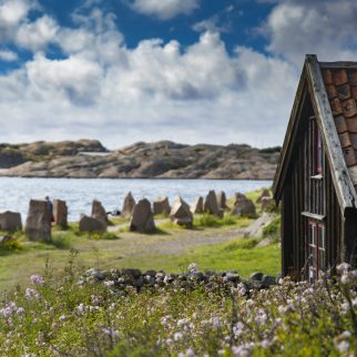 Hus framför en stig med stenar på vardera sida